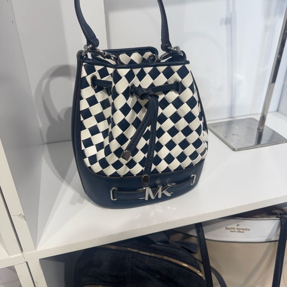 NWOT Michael Kors Blue and White Checkered Bucket Bag - Picture 2 of 9